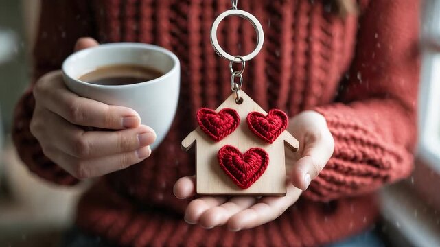 Woman Holding Coffee Cup Keychain House Red Hearts Cozy Sweater Warm Winter Home Decor Gift