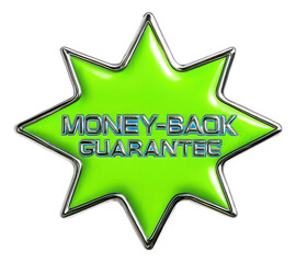 Bright green star sticker with MONEY-BACK GUARANTEE in bold metallic letters, attractive promo retail offer on transparent background.