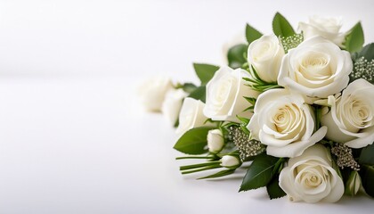 a banner for a website header design featuring a wedding bouquet of white roses on a white background with a soft focus copy space available