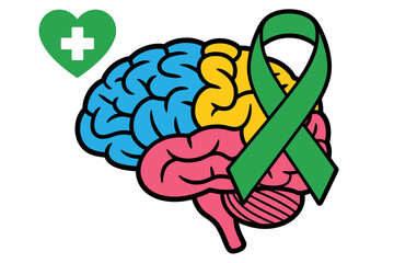 Understanding Mental Health A Colorful Brain Illustration with Green Ribbon and Heart Symbol
