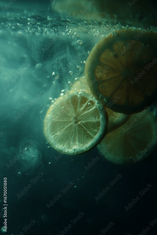 Poster slices of lemon submerged in sparkling water with bubbles floating in a dark aquatic setting