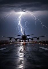 Airplane Ready for Takeoff Amidst a Dramatic Lightning Storm at Night, Intense Weather Conditions at an Airport Runway During Nighttime