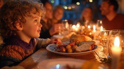 Naklejka premium Intimate autumn dinner scene viewed from behind a young child surrounded by adults
