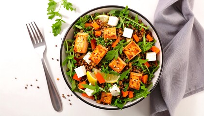 Healthy grain bowl with grilled fish