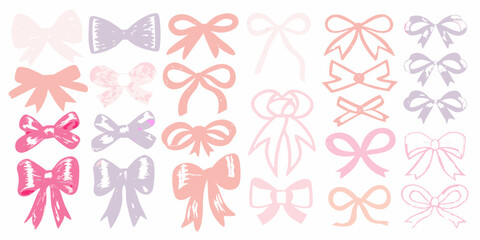 Assortment of Hand Drawn Pastel Bows on White Background ribbon illustration
