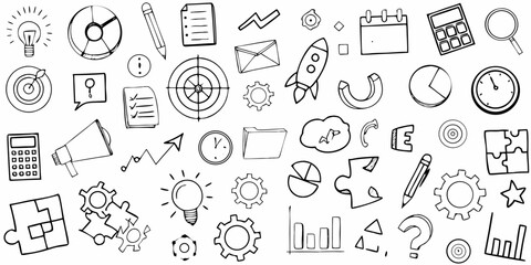 Black and white hand-drawn business and finance doodle icons drawing sketch