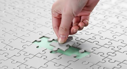A hand meticulously places a puzzle piece into a precise position on a white puzzle, highlighting the concept of completion and problem-solving.