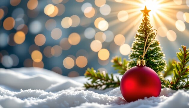 A vibrant Christmas tree with a red ornament stands against a backdrop of snowy ground speckled with lights, evoking a festive winter atmosphere.