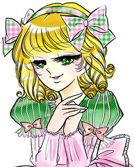 お願いのポーズ可愛いリボンをつけた昭和少女漫画風金髪お姫様