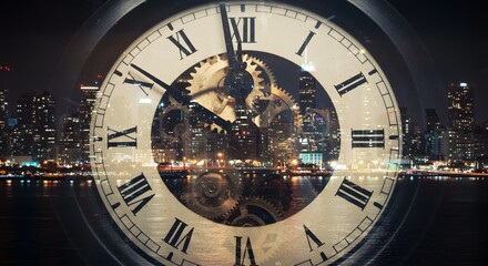 Fototapeta premium Clock face merged with gears and city lights, time management concept double exposure