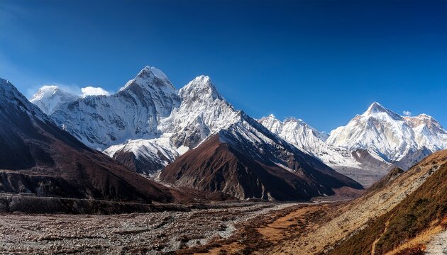 majestic snow covered peaks of kanchenjunga dominate the himalayan landscape at ramche en route to kanchenjunga base camp nepal with a stunning contrast of rugged terrain and blue skies