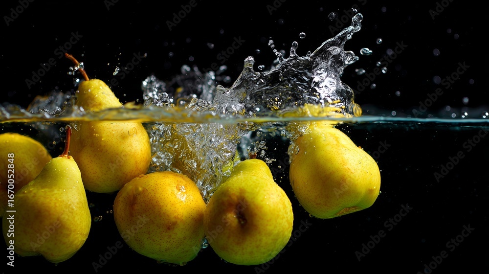 Poster pears splashing into water creating ripples and bubbles in a dark background