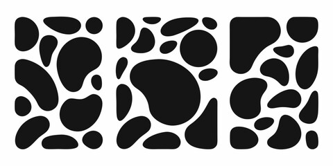 Three panels of black organic shapes on a white background abstract blob