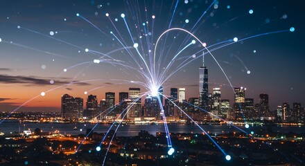 City skyline merged with glowing fiber optic lights, connectivity double exposure