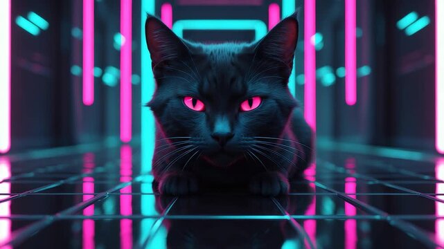 Black Cat Neon Lights Corridor Glowing Eyes Dark Room Vibrant Colors Modern Interior Design