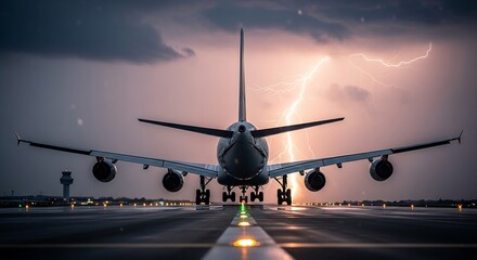 Airplane facing lightning storm at airport, tail view, dramatic weather conditions, plane on the runway, passenger flight about to depart, airport lights shine bright during storm, stormy skies