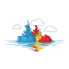Vibrant Abstract Ink Swirls in Water Graphic Design Featuring Blue Red and Yellow Hues with Clouds Reflection and Artistic Flair