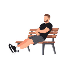 Man in Black Shirt Sitting on Wooden Bench in Park Relaxing Outdoor on Sunny Day Illustration