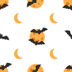 Seamless Pattern of Bats Flying Around Orange Full Moons and Crescent Moons on a White Background Festive Halloween Themed Backdrop