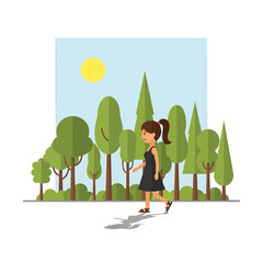Pixel Art Woman Walking in a Summer Park with Tall Green Trees Under a Bright Yellow Sun in a Light Blue Sky