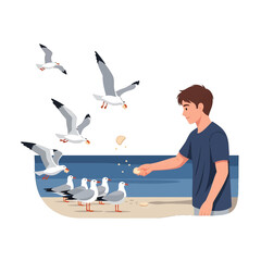 Young Man Feeding Flock of Seagulls on Sandy Beach by Blue Ocean Water on Sunny Day Artwork