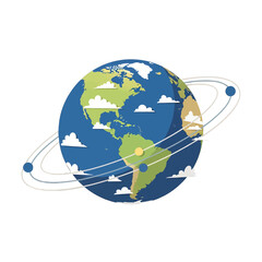 Stylized Earth Globe with Continents and Orbiting Satellites on a White Background