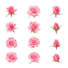 Collection of Pixelated Pink Rose Blossoms with Green Leaves and Stem on White Background in Digital Art Style