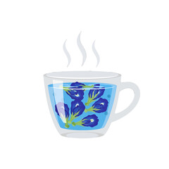 Clear Cup with Blue Butterfly Pea Flower Herbal Tea with Steam Emanating on White Background