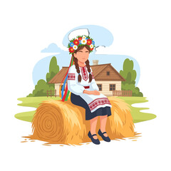 Ukrainian Girl in Traditional Dress with Floral Wreath Sitting on Hay Bale in Rural Countryside with House and Blue Sky