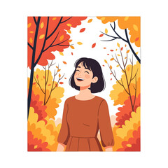 Cheerful Woman in Orange Dress Enjoying Autumn Season with Falling Leaves in Forest Setting Illustration with Brown Trees and Yellow Orange Foliage