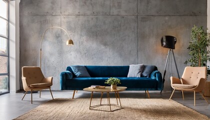 minimalist loft home interior design of modern industrial style living room with a concrete wall deep blue velvet sofa and beige boucle chairs