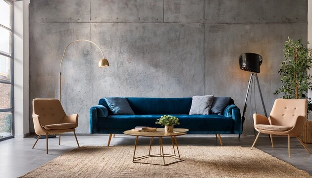 minimalist loft home interior design of modern industrial style living room with a concrete wall deep blue velvet sofa and beige boucle chairs - Powered by Adobe