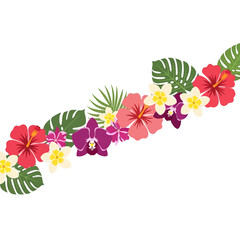 Tropical Floral Arrangement with Hibiscus and Monstera Leaves on a White Background Featuring Pink Red and Purple Flowers
