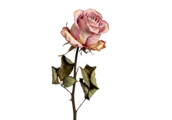 A single, isolated dried rose with papery pale pink petals edged in brown, brittle stem and curled leaves, soft diffused lighting on transparent background, quiet beauty in decay