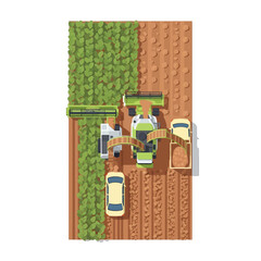 Aerial View of Green Tractor Harvesting Crops in Brown Field on Sunny Day Agricultural Landscape