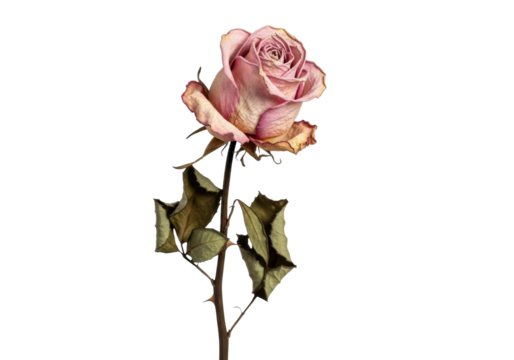 A single, isolated dried rose with papery pale pink petals edged in brown, brittle stem and curled leaves, soft diffused lighting on transparent background, quiet beauty in decay