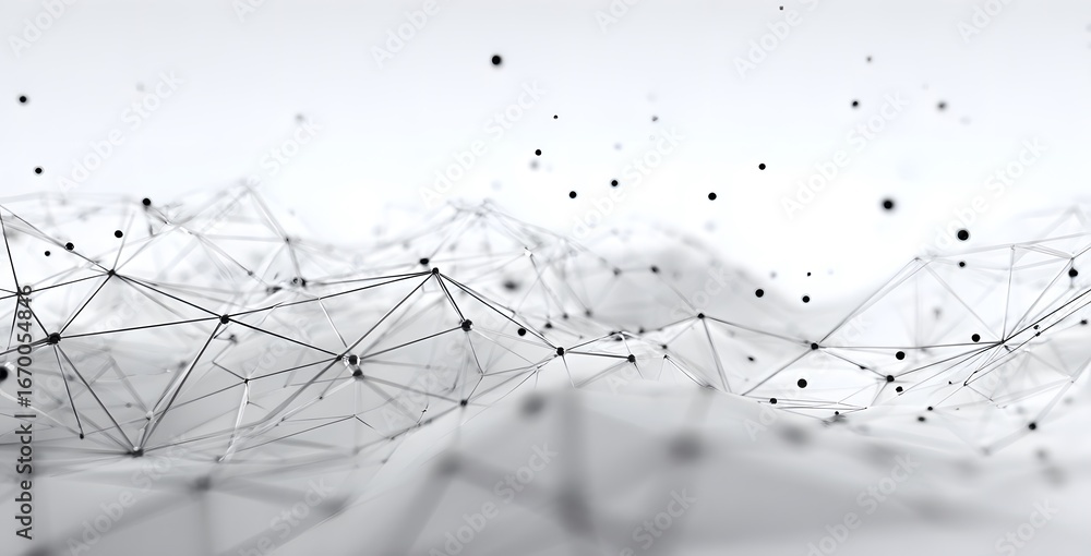 Poster white background with a complex mesh of lines and light gray color waves,