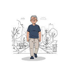 Elderly Man Walking Casually Through a Park on a Sunny Day with Trees Bench and Cityscape Background in Flat Vector Style