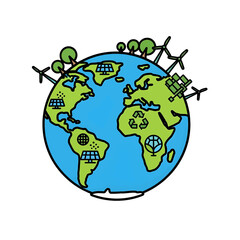 Illustrated Globe with Renewable Energy Sources Trees and Recycling Symbols Representing Ecological Sustainability and Environmental Conservation on a White Background