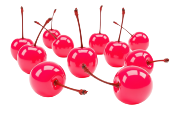 Unnaturally vibrant neon pink maraschino cherries, intensely glistening with syrupy glaze, scattered on a transparent background. Hyperreal dessert garnish concept