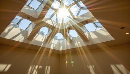 Fototapeta premium sunlight streaming through polygonal skylights, casting interlacing geometric shadows, enhancing a serene and meditative atmosphere in the room.