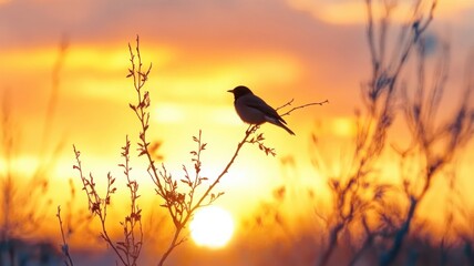 Lone bird silhouetted on a tall branch against a soft orange dawn sky with hints of a seasonal transition