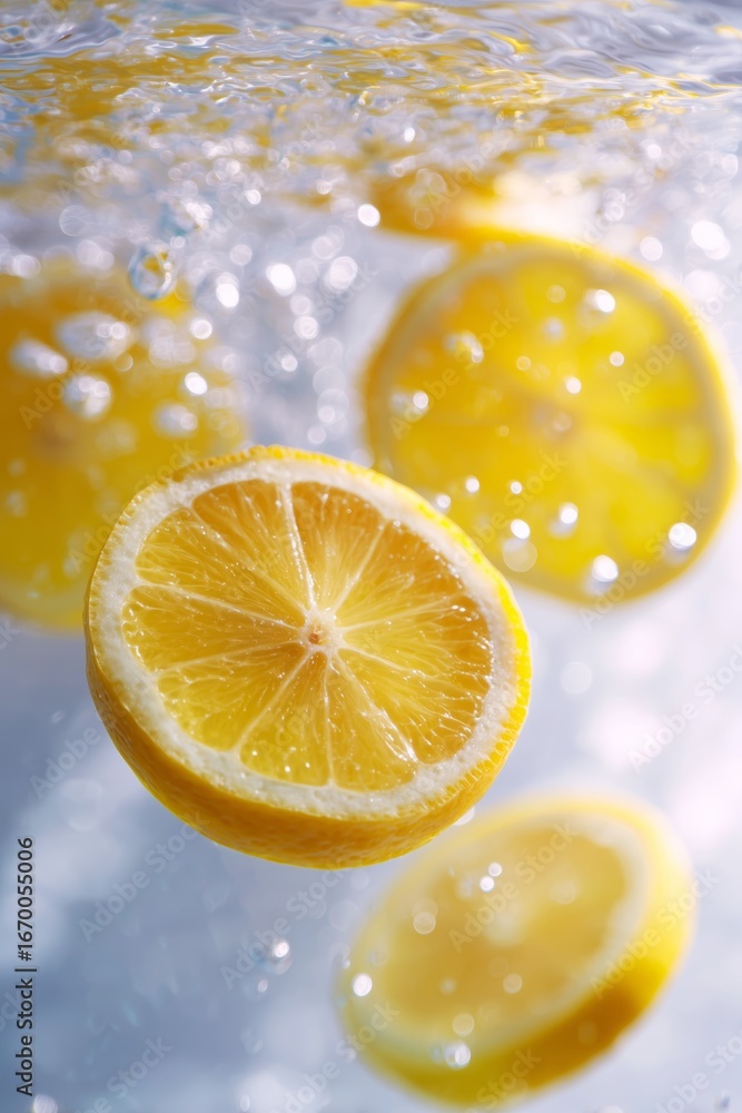 Poster fresh lemon slices submerged in sparkling water create a refreshing visual delight with bubbles risi