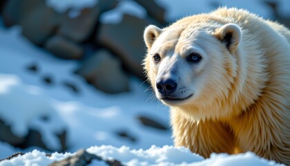 A polar bear in its natural habitat, standing among patches of snow with rocks visible in the background.
