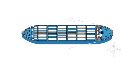 Aerial Top Down View of Cargo Container Ship Sailing on Water with Detailed Container Stacks and Blue Accents