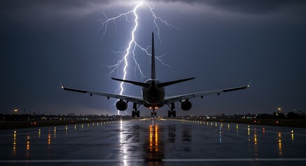 Dramatic aircraft shot at night on runway with striking lightning backdrop, Aircraft ready for takeoff or landing on a runway in the middle of a thunder storm at night