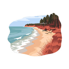 Pixel Art of a Peaceful Beach with Trees Meeting Turquoise Waters and Sandy Shore Under a Clear Blue Sky on a Sunny Day