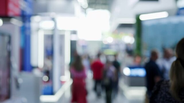 Visitors walking in a blurred convention center corridor. Media