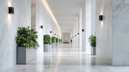 Obraz premium Long, bright corridor with marble walls and green plants in gray pots