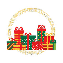 Pile of Gift Boxes in Red Green and Yellow Colors Decorated with Gold Sparkle Circle on a White Background